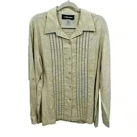 Sag Harbor VTG Womens LG/XL Tan Button Up Blouse and Pants 2 pc Set Linen Blend - Picture 1 of 16